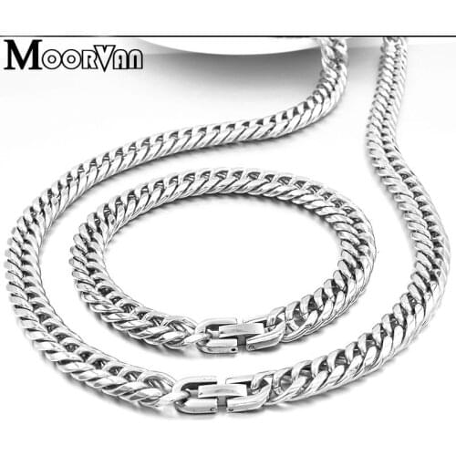 Moorvan 9MM round cut chain jewelry set cool,rock men gift stainless steel bracelet necklace trendy party sets gift BD13