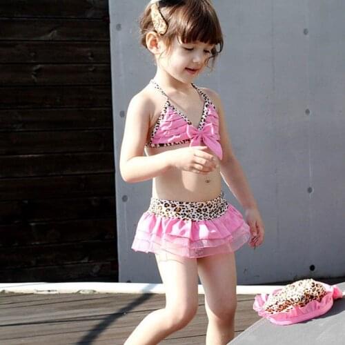 New Summer Bikini for Girls Fashion 3Pcs Pink Leopard Swimwear with Bow and Hat Children Swimming Suit