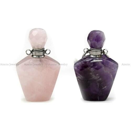 New Arrival Vase Shape Perfume Bottle Natural Rose Quartz Purple Amethyst Pendants Silver Chain Necklace For Men and Women 3pcs