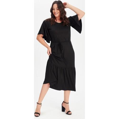 New Season Fashion Plus Size Ruffle Detailed Belt Dress Natural Viscose Soft Elastic Fabric