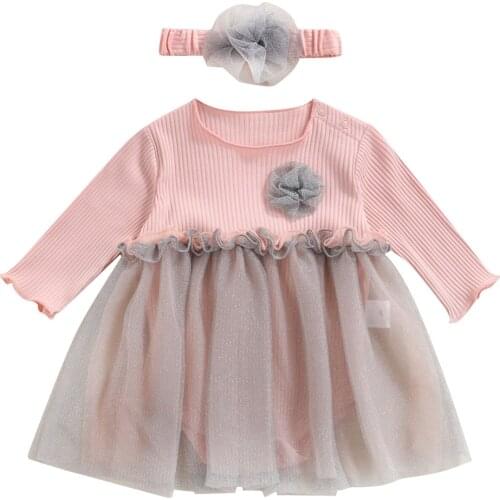 Citgeett Autumn Infant Baby Girls Dresses and Headdress Long Sleeve Ruffled Hem Dresses Bodysuit Patchwork Clothes