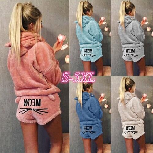 WomenS Pajamas Set Autumn Winter Warm Flannel Hooded Pyjamas Hoodie and Shorts Set Female Cartoon Cat Cute Sleepwear Plus Size