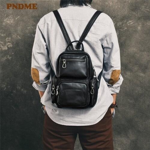PNDME casual genuine leather mens womens small backpack multi-function multi-pocket soft cowhide luxury black daily chest bag