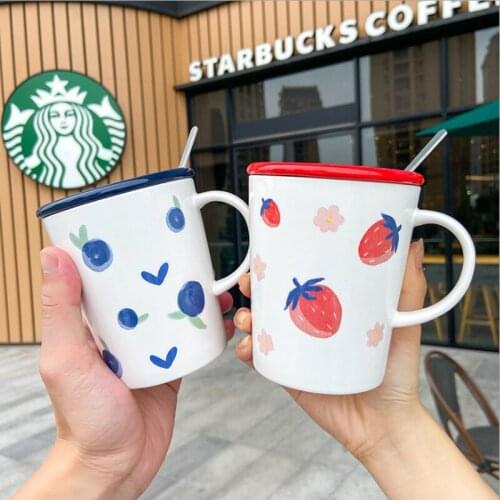 Hand Painted Fruit Ceramic Mugs With Lid Korean Fresh Style Breakfast Milk Tea Coffee Drinking Water Cup