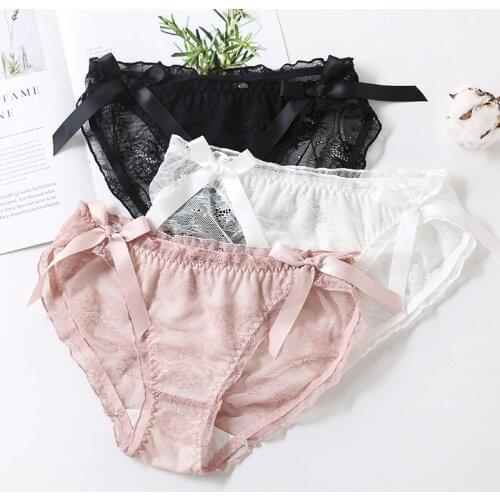 Sexy Lace Hollow Transparent Women Panties Low Waist Bow Cute Lovely Underwear Mesh Breathable Summer Female Breifs