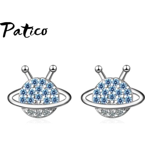 Blue Rhinestone Planet 925 Sterling Silver Stud Earrings For Women Lovely Girls New Statement Pendientes Mujer Jewelry