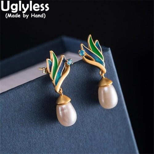 Uglyless Exotic Enamel Feather Earrings for Women Nature Water Drop Pearls Earrings Gold Brincos 925 Silver Fashion Jewelry Gems