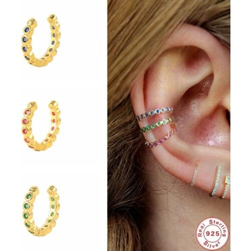 GS 925 Sterling Silver Red Green Blue Zircon Pave Cartilage Ear Cuffs For Women No Piercing Beads Clip Earrings Punk Jewelry