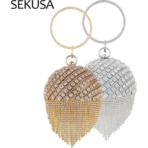 Ball Design Women Diamonds Purse Circular Small Day Clutch Golden Rhinestones Tassel Handbags Purse