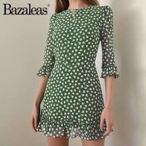Bazaleas Fashion O Neck Ruffles Dresses Vintage Green Floral Print Chiffon Vestidos Palace Flare Sleeve Women Dress