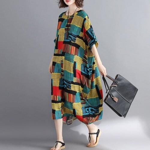 O Neck Mid Length Women Loose Striped Plaid Tie Dye Dress Summer Fat Femme Casual Fashion Streetwear Vestidos De Mujer Plus Size
