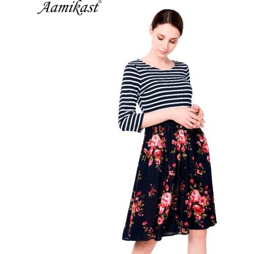 Aamikast Autumn Womens Vintage Print 3/4 Sleeve O-Neck Pinup Wear To Work Office Casual Party Knee-Length Dress