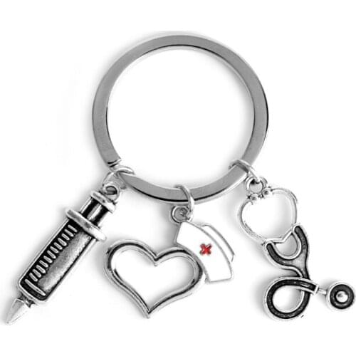 MQCHUN Jewelry Doctor Medical Tools Stethoscope Syringe Lariat Heart Pendants Keychain Keyrings Bijoux Femme Nurse Student Gift