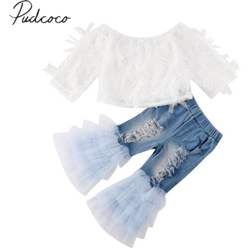 2020 Baby Summer Clothing Toddler Baby Kids Girls Clothes Mesh Lace Tops Shirt + Ruffle Hole Denim Pants 2Pcs Outfits Set 1-6T