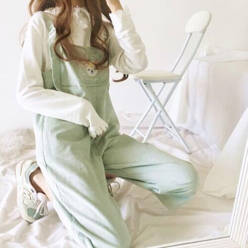 Jumpsuits Women Loose Leisure Solid Corduroy Ankle-length Pants Lovely Cartoon Embroidery Bodysuits Kawaii Daily Female Jumpsuit