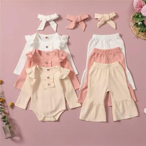 0-2Yrs Baby Girls Clothes Set Soft Ruffles Sleeve T-Shirts Tops Flare Pants Headband 3Pcs Spring Autumn Clothing