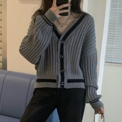 Korean Fashion Autumn Loose Short V Neck Lazy Long Sleeve 2021 Striped Sweater Women Coat Clothes Warm Cardigan Casual Retro