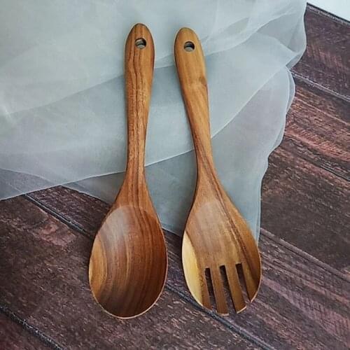 Wooden Spoon Fork Set Food Fruit Salad Spoon Fork Natural Wood Tablespoon Long Handled Cooking Spoon Kitchen Utensils 2PCS/SET