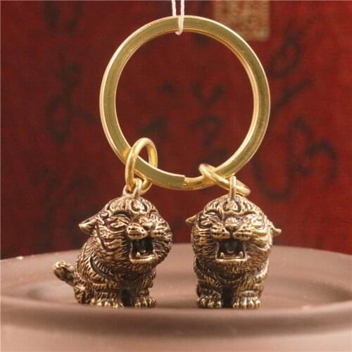 Metal Brass Tiger Key Chains Vintage Cute Animal Figurines Car Keyrings Pendants DIY Hangings Jewelry Accessories Children Gifts