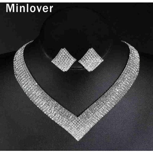 Minlover Crystal Wedding Jewelry Set for Women Clear Geometric Rhinestone Necklace Set for Part Bridal Engagement Jewelry MTL475