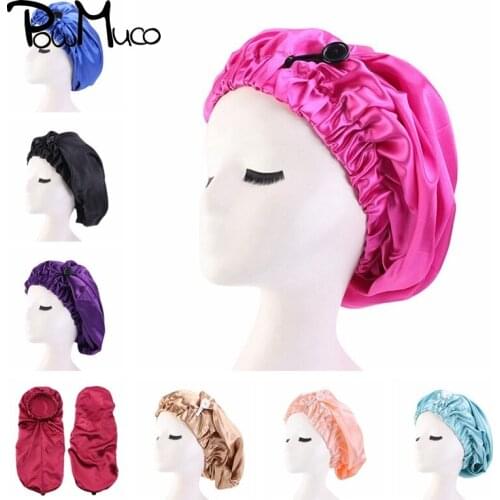 Powmuco Fashion Adjustable Satin Long Tail Nightcap for Women Lady Hairdressing Shower Cap Girls Sleeping Hat Headwear Accessory