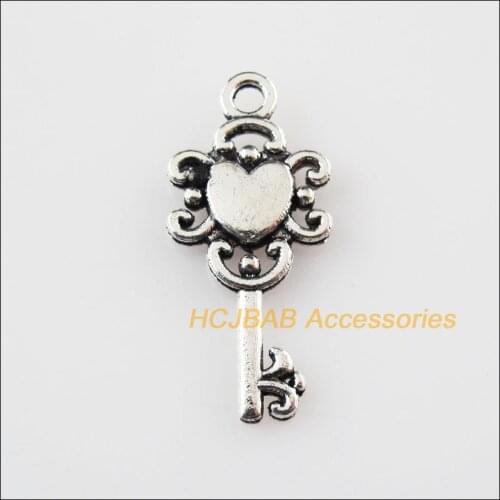 Fashion 25Pcs Tibetan Silver Color Heart Flower Key Charms Pendants 12x25.5mm