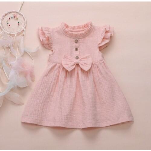 Princess Toddler Kids Baby Girl Dress 1-6Y Solid Linen Button Ruffle Sleeve Turn Down Collar Bow Party A-Line Dress Clothes