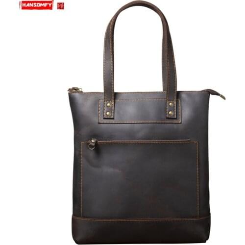 New Simple Retro Leather Bag Men Handbag Laptop Bag Tote Bag Shoulder Bags Vertical Section First Layer Cowhide Original Male