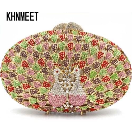 New Arrive Designer Peacock Crystal Party Evening Bag Rhinestone Stone Women Luxury Clutch Bag Pink Gold Wedding Bride Purse 594