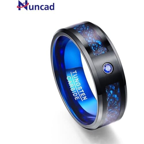 Nuncad New Hot 8mm Width 2.3MM Thick Fashion Mens Blue Tungsten Carbide Ring Inlaid Black Dragon for Wedding Jewelry Gift Ring