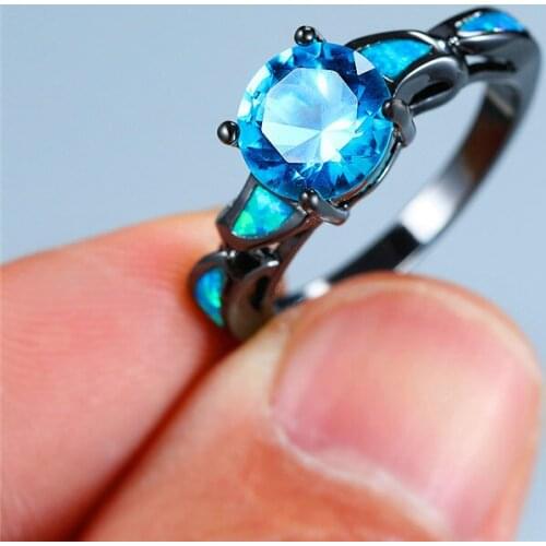 Geometric Round Cross Engagement Ring Cute Female Blue Opal Stone Ring Vintage Black Gold Wedding Rings For Women Bridal Jewelry