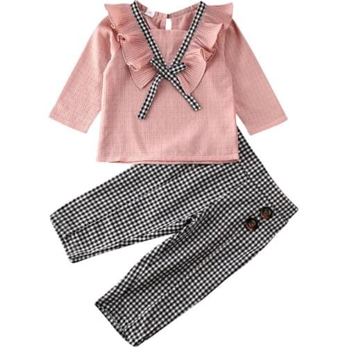 Citgeett Fall Autumn Toddler Baby Girl Tracksuit Clothes Ruffle Top Pink T-shirt+Plaids Pants Outfits Set