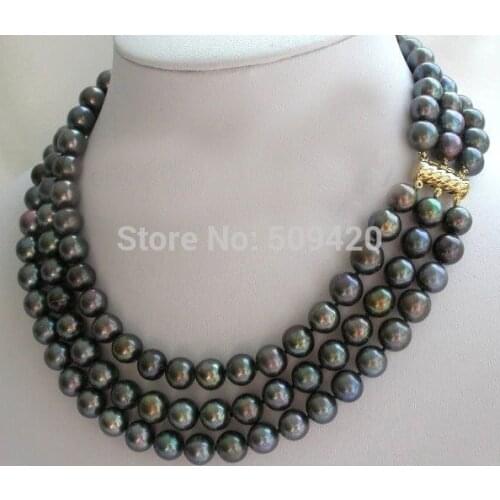 Free Shipping >>3rows 8-9mm perfect round peacock black freshwater pearls necklace