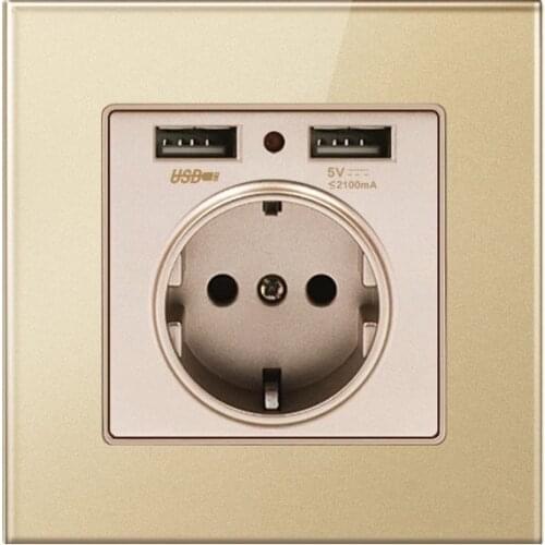 Crystal Glass Panel Dual Usb Charging Port 2.1a Wall Charger Adapter 16a Eu Socket Power Outlet Gold Color