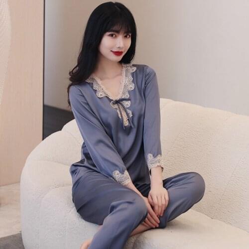 Sexy Lace Silk Nightwear Casual Ladies Home Clothes Long Sleeve Trousers Set Spring Autumn Pajamas Women Retro Satin Pijamas