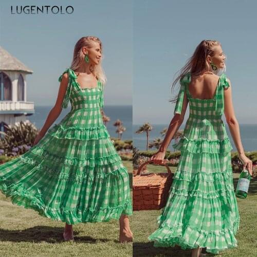 Elegant Dress Women Empire Green Chiffon Sleeveless Dresses Female Casual Plaid Big Swing High Waist Long Dress Lugentolo