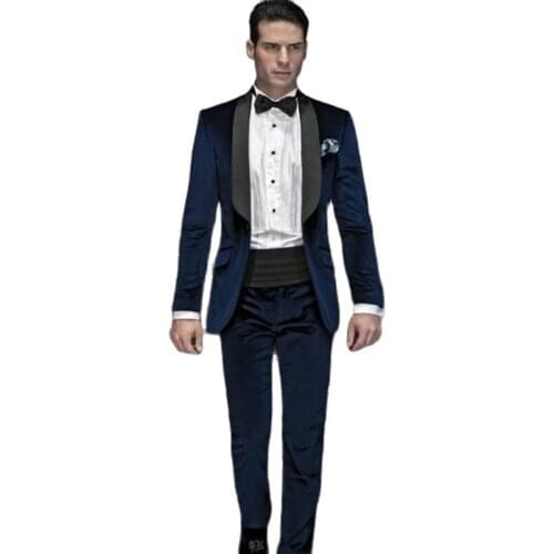 Slim Fits Navy Velvet Groom Tuxedos Shawl Collar Mens Evening Dress Toast Suits Blazers Coat Trousers(Jacket+Pants+Tie) W:543