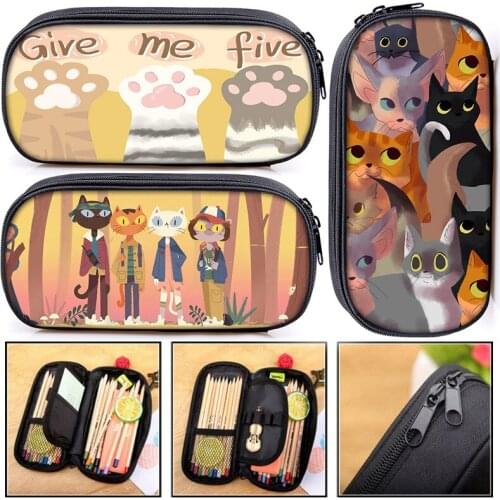 Cute Cat print School Pencil bag for Girls student Canvas Pencil case black white cat Pencil bags woman makeup Case