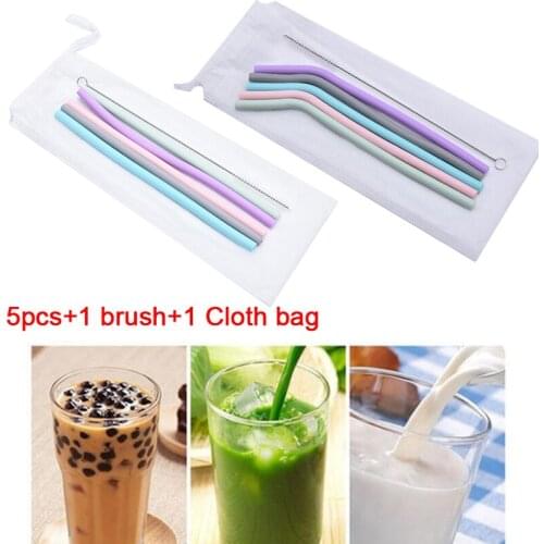 5Pcs Reusable Food Grade Silicone Straw With Cleaning Brush Juice Milk Tea Drink Cocktail Straight Tube Party Drinking Bar Tools