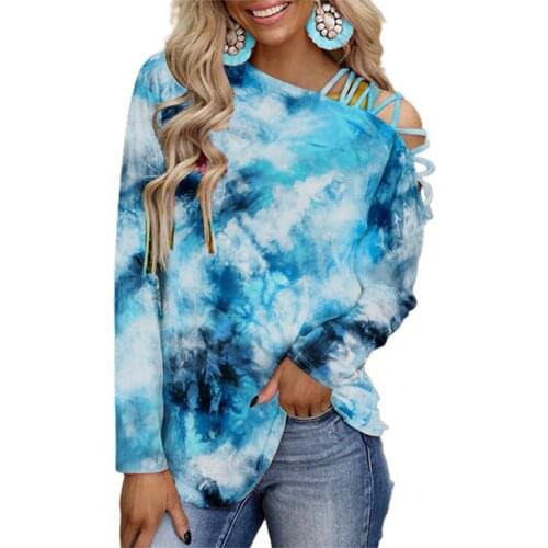 Women New Stylish T-shirt Tie Dye Slant Collar Summer Long Sleeve Off Shoulder Blouse for Dating Streetwear