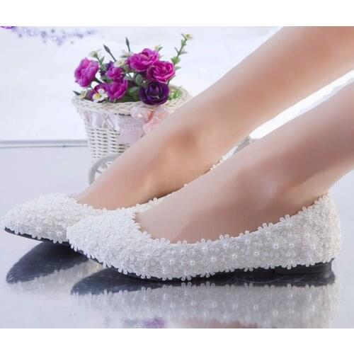 White full lace wedding shoes woman flat heel customized handmade romantic lace flower bridesmaid bridal flats shoes plus size