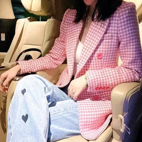 2021 Women Double Breasted Tweed Pink Blazers Coat Office Lady Long Sleeve Pockets Female Young Laides Plaid Outerwear SY109