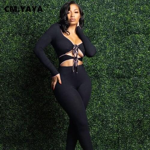 CM.YAYA Women Set Solid Full Sleeve V-neck Bandage Cut Out Crop Tops Stretchy Pencil Pants Two 2 Piece Set Tracksuit Fall Outfit