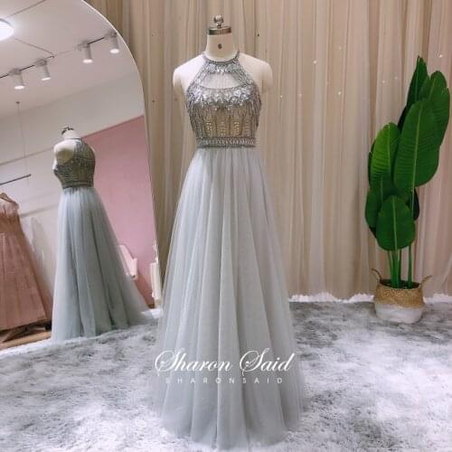 Silver Grey High Neck Tulle Evening Dress for Graduation Beading Cap Sleeve Long Prom Dresses 2021 Women Formal Party Gown Stock