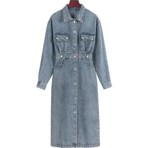 PERHAPS U Spring Autumn Casual Pencil Turn Down Collar Long Sleeve Button Denim Shirt Dress Pocket Sash Chic Elegant D3022