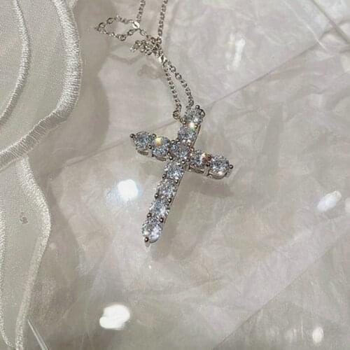 Classic Bling Zircon Cross Necklaces for Girl 925 Silver Delicate Pendant Necklace for Women Link Chain Style Fine Jewelry
