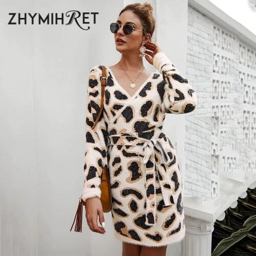 ZHYMIHRET Elegant Leopard V Neck Wrap Sweater Dress With Sashes Long Sleeve Autumn Winter Dress Knitted Vestidos Mujer