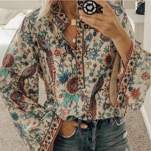 2021 Boho Blouse Floral Print Lantern Sleeve Shirt Sexy Lace-up Tassel O Neck Women Tops Spring Summer Chic Blouses 5XL