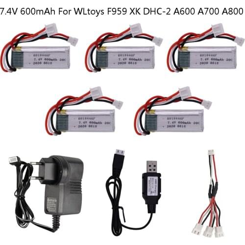 7.4V 600mAh 601844 20C 2S Lipo Battery with charger set for WLtoys F959 XK DHC-2 A600 A700 A800 A430 RC Cars Parts 7.4 v Battery