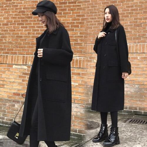 Black Big pocket Woolen Jacket Women Clothing 2020 New Winter Loose Temperament Long Overcoat Coats Plus size Warm Wool Coat